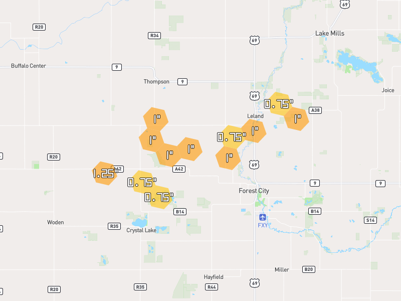 Hail map of Forest City, IA on Jul 2, 2026, hail up to 1.25"