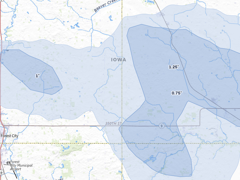 NEXRAD radar-signature map of the hail over Forest City, IA