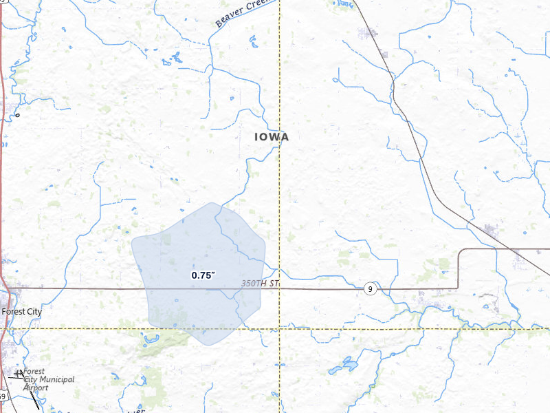 NEXRAD radar-signature map of the hail over Forest City, IA