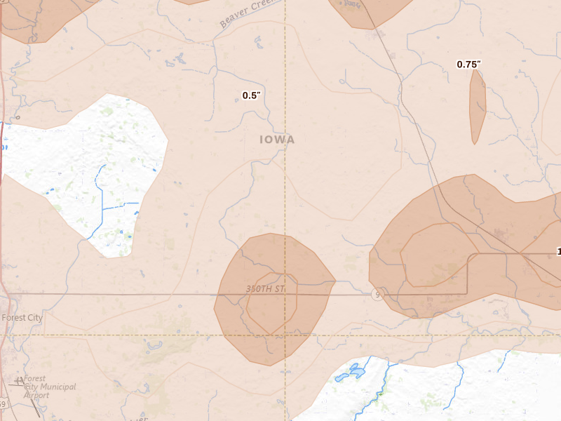 Radar-estimated hail-size map of the storm over Forest City, IA on Aug 7, 2026