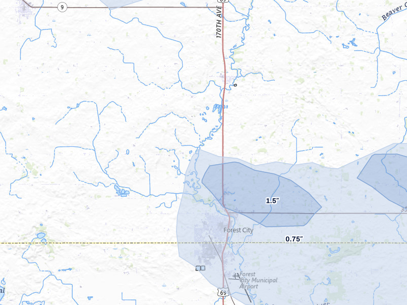 NEXRAD radar-signature map of the hail storm over Forest City, IA on Aug 7, 2026