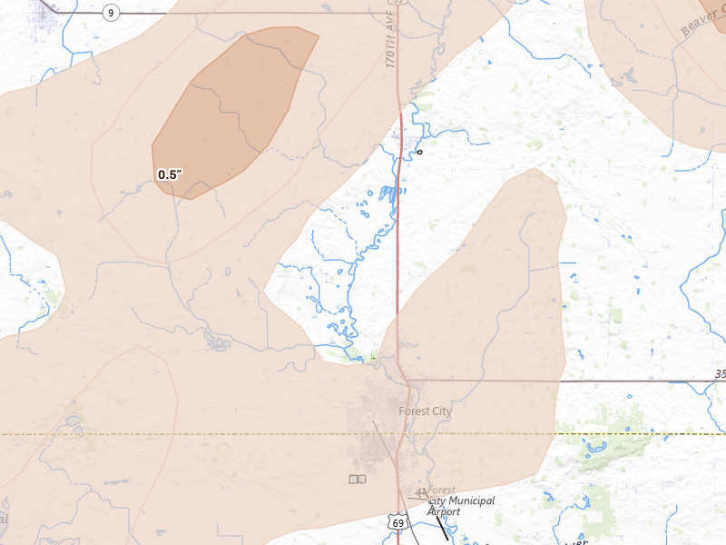 Radar-estimated hail-size map of the storm over Forest City, IA on Sep 1, 2026
