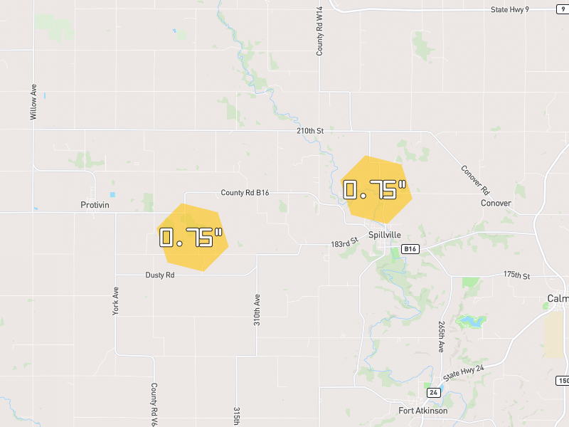 Hail map of Fort Atkinson, IA on Jul 1, 2026, hail up to 0.75"