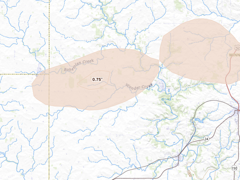 Radar-estimated hail-size map of the storm over Fort Atkinson, IA on Aug 11, 2026