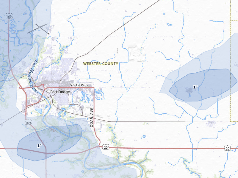 NEXRAD radar-signature map of the hail over Fort Dodge, IA