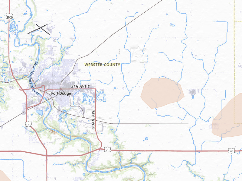 Radar-estimated hail-size map of the storm over Fort Dodge, IA on Jun 16, 2026