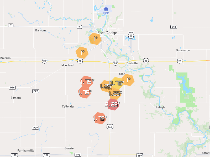 Hail map of Fort Dodge, IA on Jul 2, 2026, hail up to 2.25"