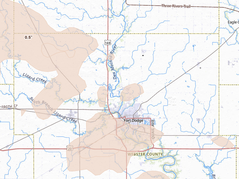 Radar-estimated hail-size map of the storm over Fort Dodge, IA on Aug 8, 2026