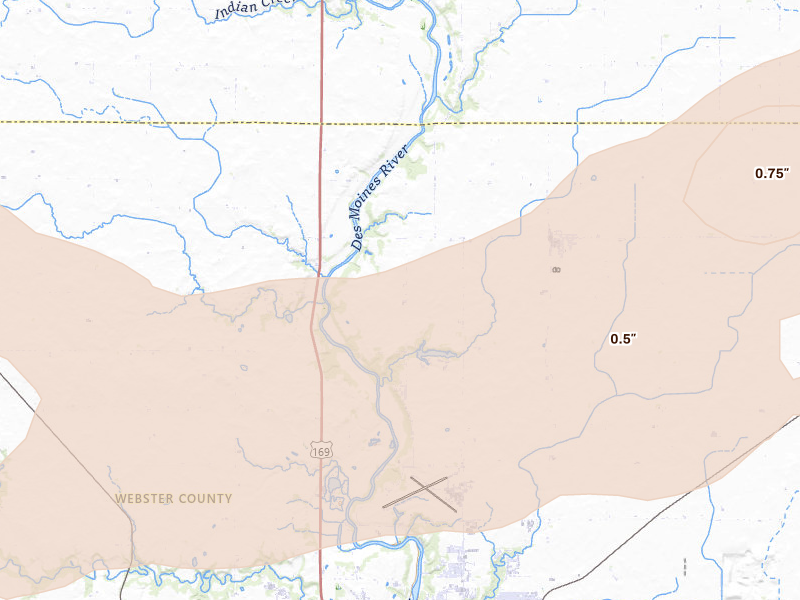 Radar-estimated hail-size map of the storm over Fort Dodge, IA on Aug 10, 2026