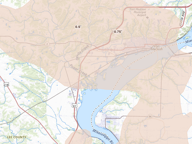 Radar-estimated hail-size map of the storm over Fort Madison, IA on Jul 20, 2026
