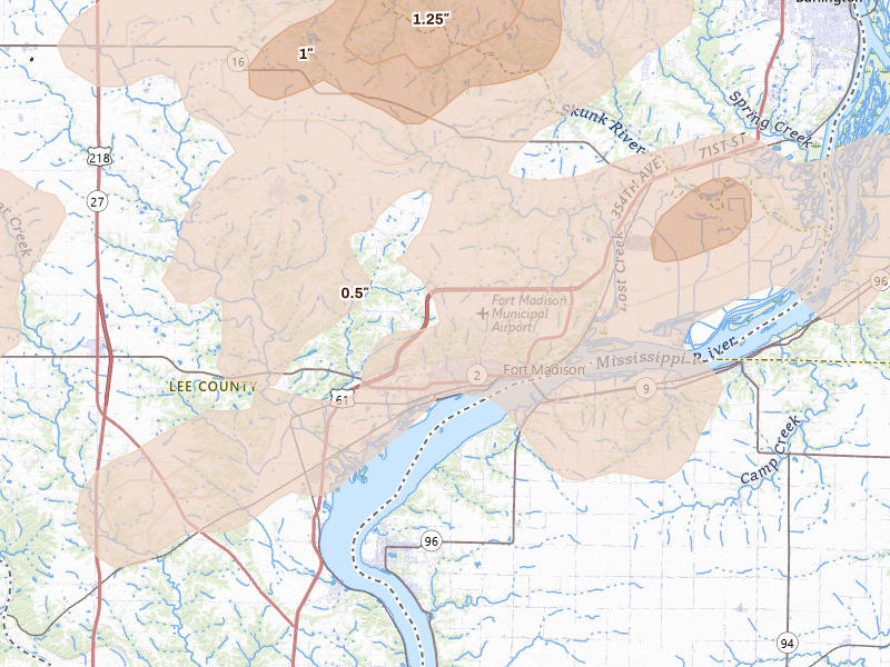 Radar-estimated hail-size map of the storm over Fort Madison, IA on Aug 12, 2026