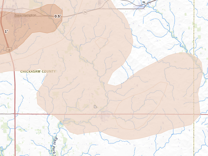 Radar-estimated hail-size map of the storm over Fredericksburg, IA on Jul 2, 2026