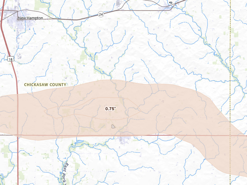 Radar-estimated hail-size map of the storm over Fredericksburg, IA on Aug 7, 2026