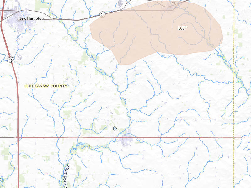 Radar-estimated hail-size map of the storm over Fredericksburg, IA on Aug 10, 2026