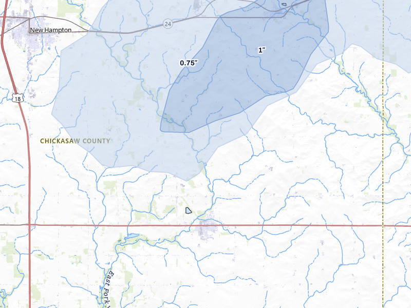NEXRAD radar-signature map of the hail storm over Fredericksburg, IA on Aug 10, 2026