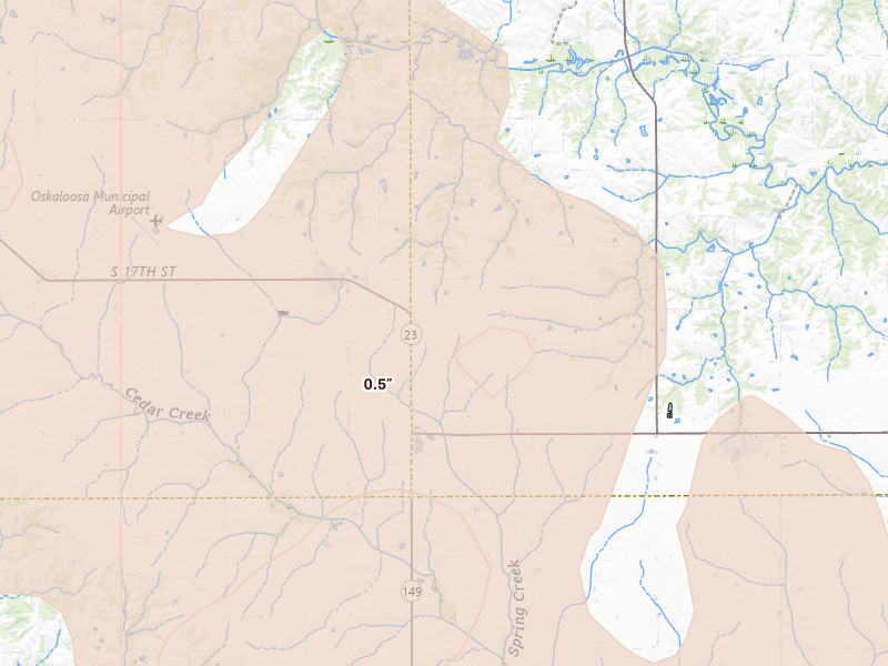Radar-estimated hail-size map of the storm over Fremont, IA on Jun 17, 2026