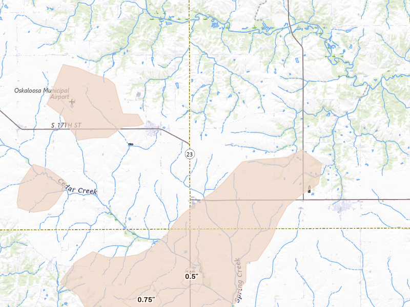Radar-estimated hail-size map of the storm over Fremont, IA on Jul 3, 2026