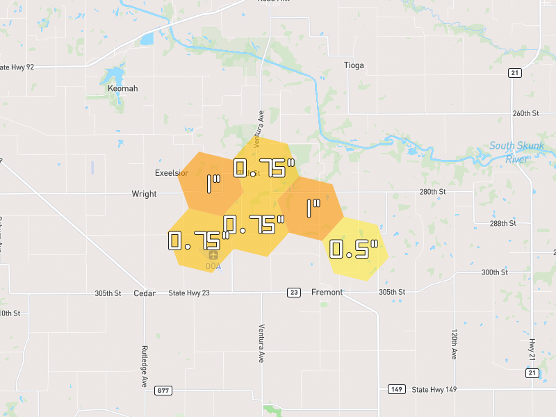 Hail map of Fremont, IA on Jul 3, 2026, hail up to 1"