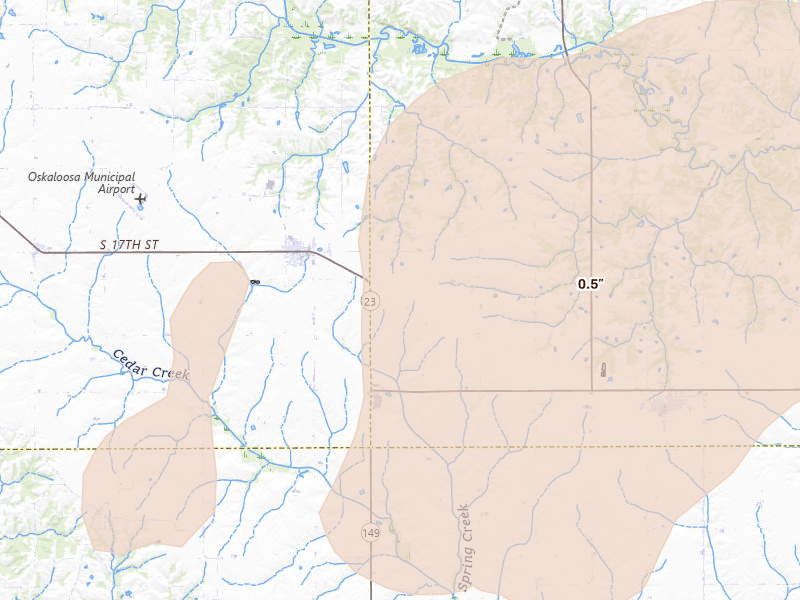 Radar-estimated hail-size map of the storm over Fremont, IA on Aug 13, 2026