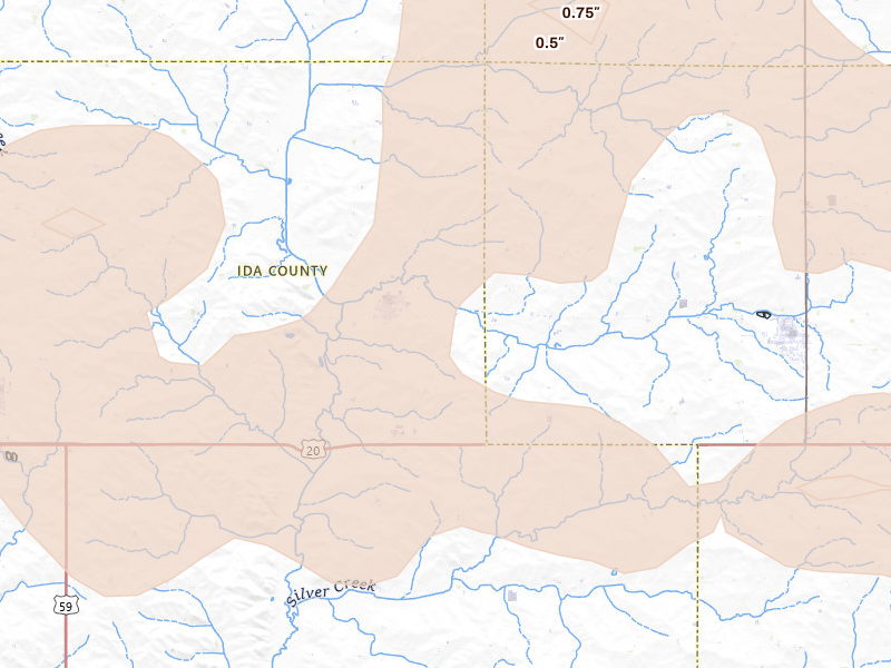 Radar-estimated hail-size map of the storm over Galva, IA on Jun 16, 2026