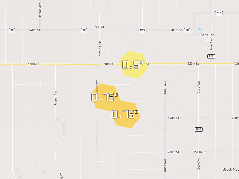 Hail map of Galva, IA on Jul 3, 2026, hail up to 0.75"