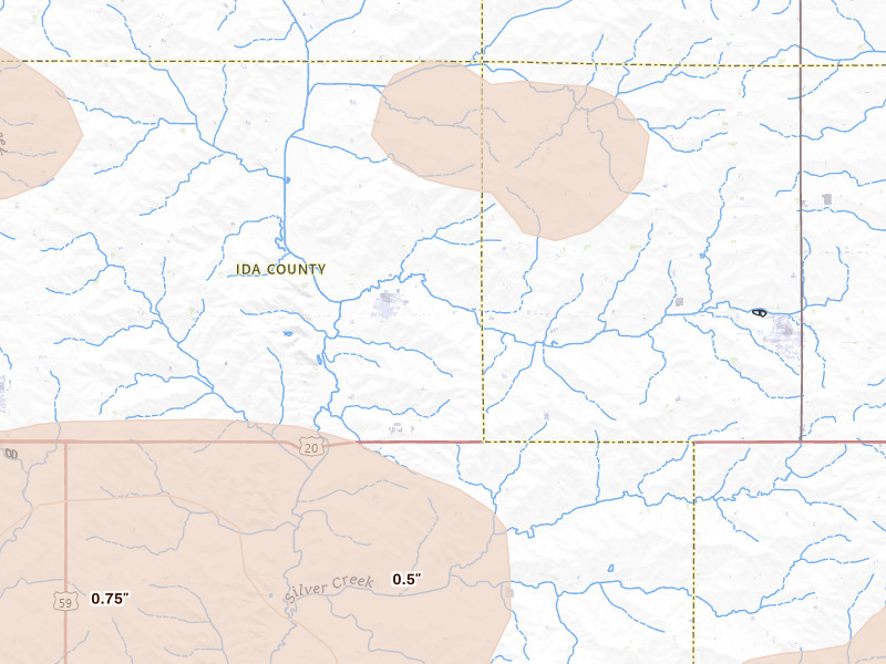 Radar-estimated hail-size map of the storm over Galva, IA on Jul 8, 2026