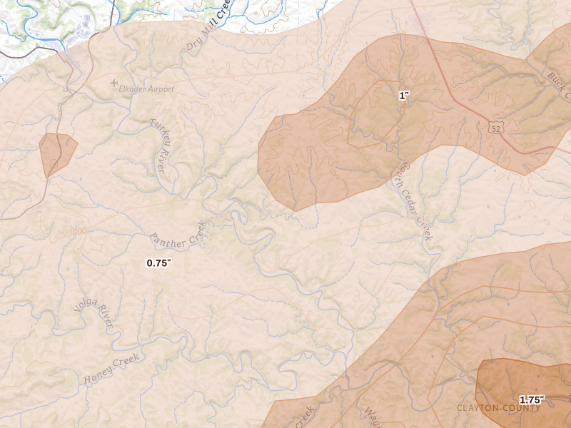 Radar-estimated hail-size map of the storm over Garber, IA on Jul 2, 2026
