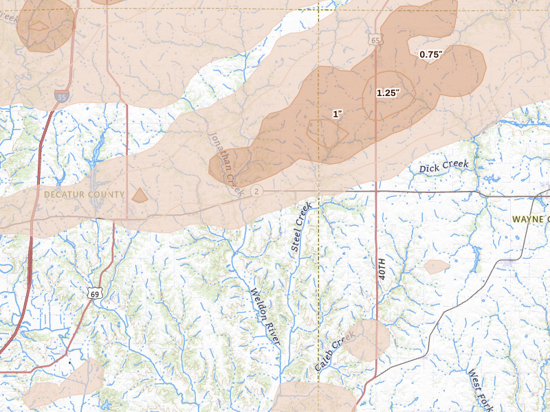 Radar-estimated hail-size map of the storm over Garden Grove, IA on Jun 10, 2026