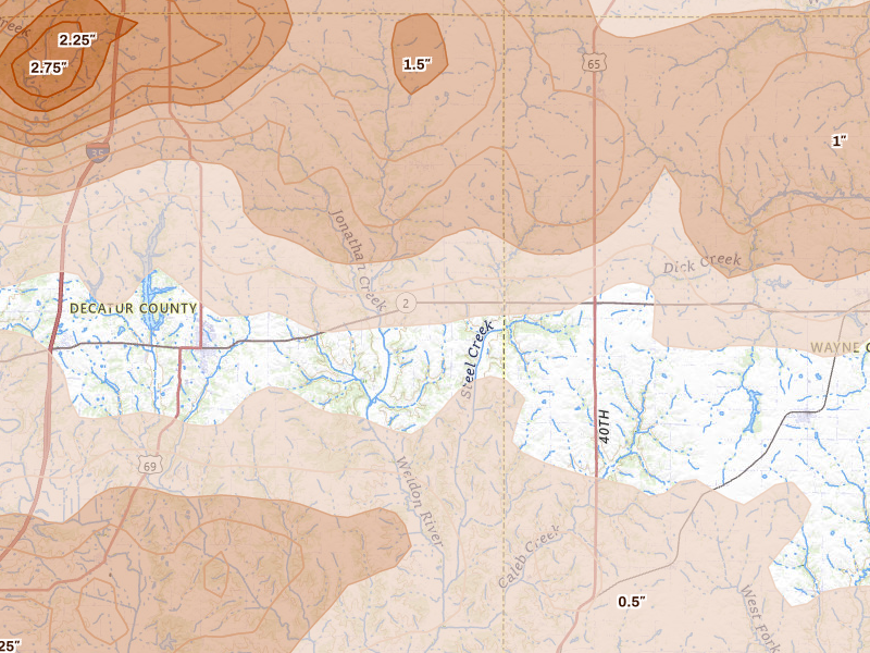 Radar-estimated hail-size map of the storm over Garden Grove, IA on Jun 11, 2026