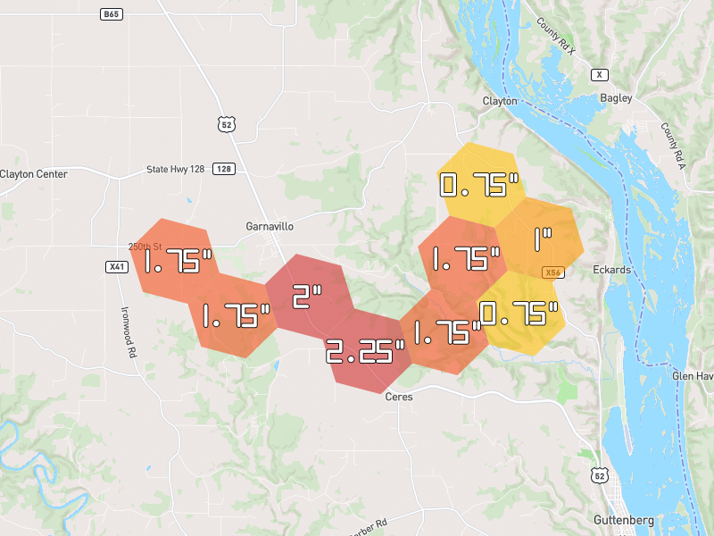 Hail map of Garnavillo, IA on Jul 2, 2026, hail up to 2.25"