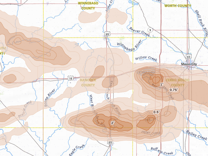 Radar-estimated hail-size map of the storm over Garner, IA on May 15, 2026