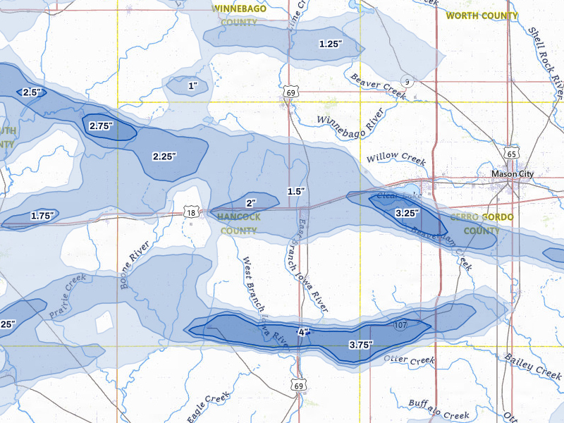 NEXRAD radar-signature map of the hail storm over Garner, IA on May 15, 2026