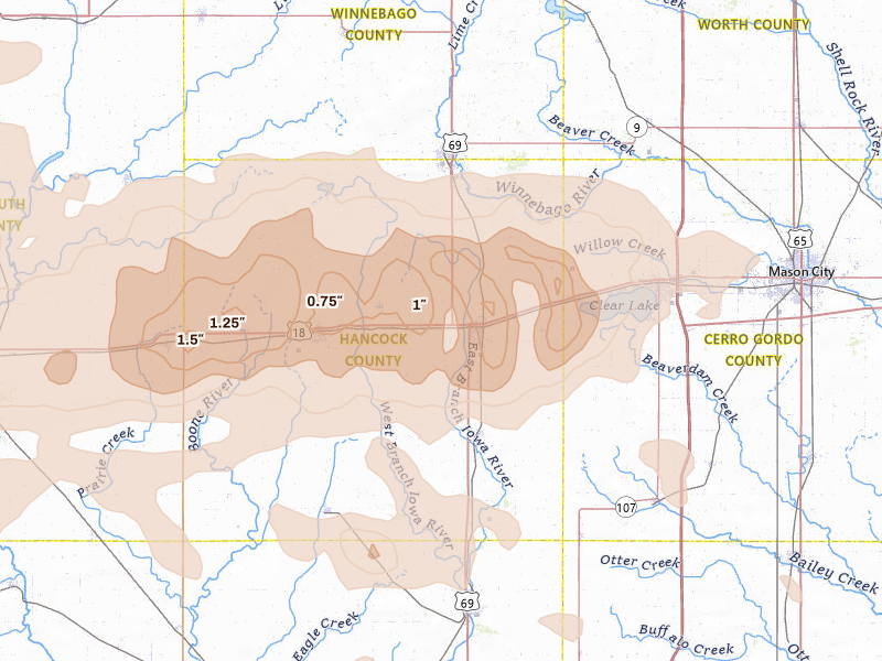 Radar-estimated hail-size map of the storm over Garner, IA on Jun 28, 2026