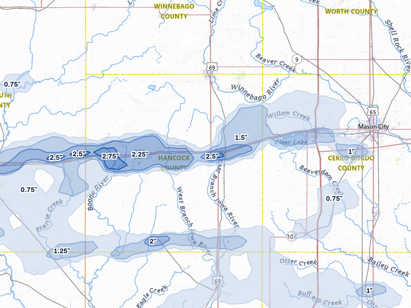 NEXRAD radar-signature map of the hail storm over Garner, IA on Jun 28, 2026