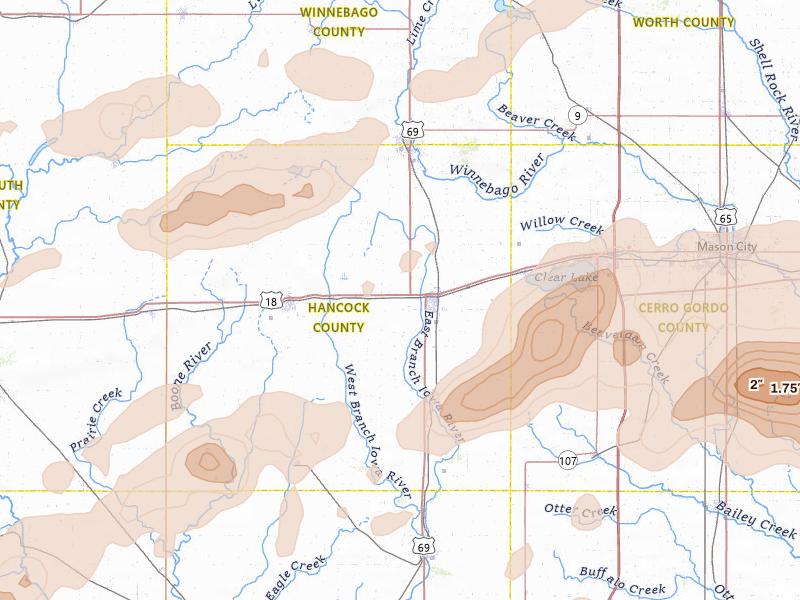 Radar-estimated hail-size map of the storm over Garner, IA on Jul 2, 2026