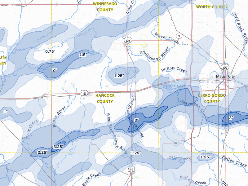 NEXRAD radar-signature map of the hail over Garner, IA