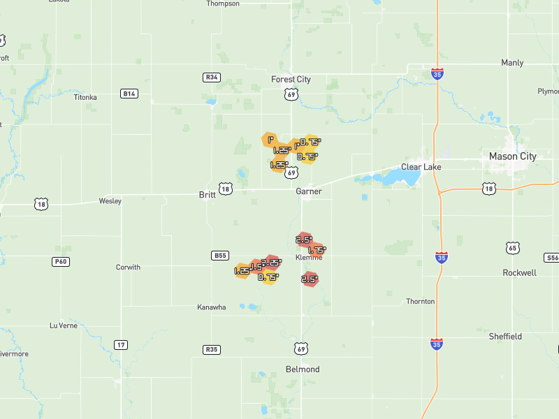 Hail map of Garner, IA on Jul 2, 2026, hail up to 1.25"