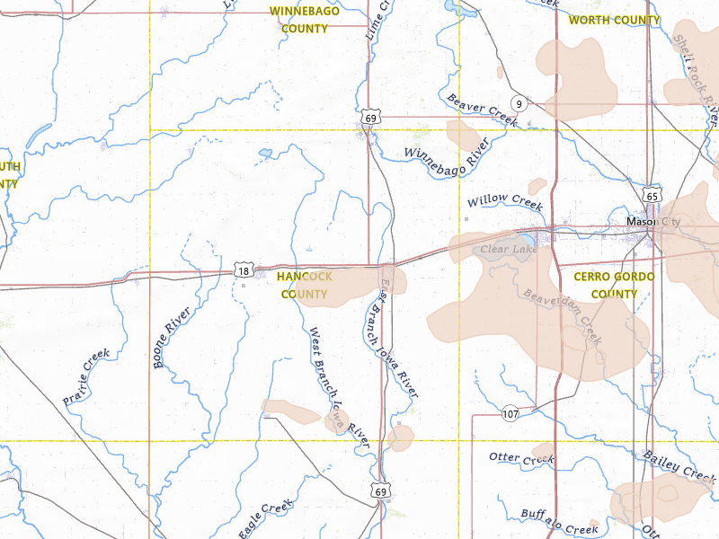 Radar-estimated hail-size map of the storm over Garner, IA on Jul 8, 2026