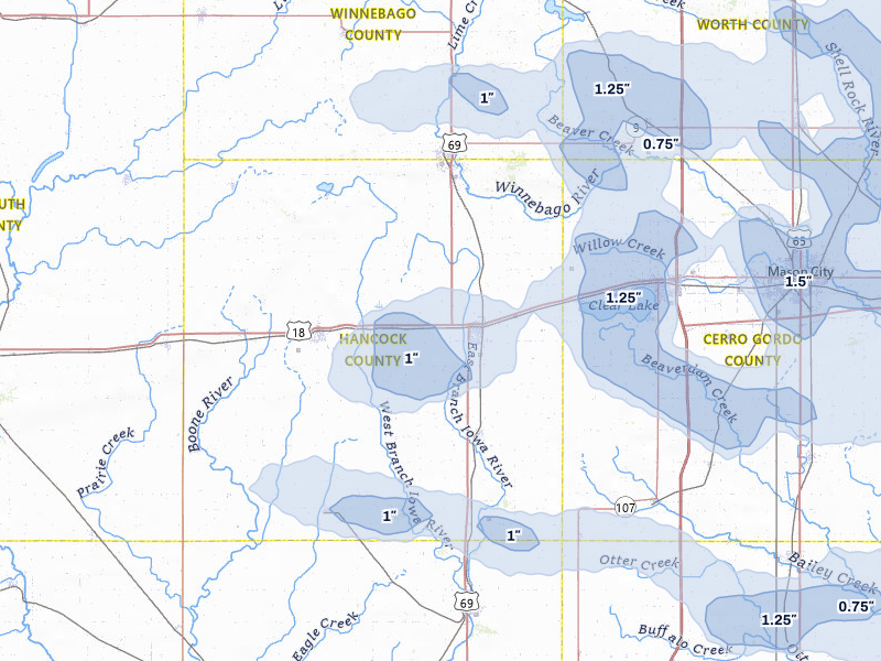 NEXRAD radar-signature map of the hail storm over Garner, IA on Jul 8, 2026