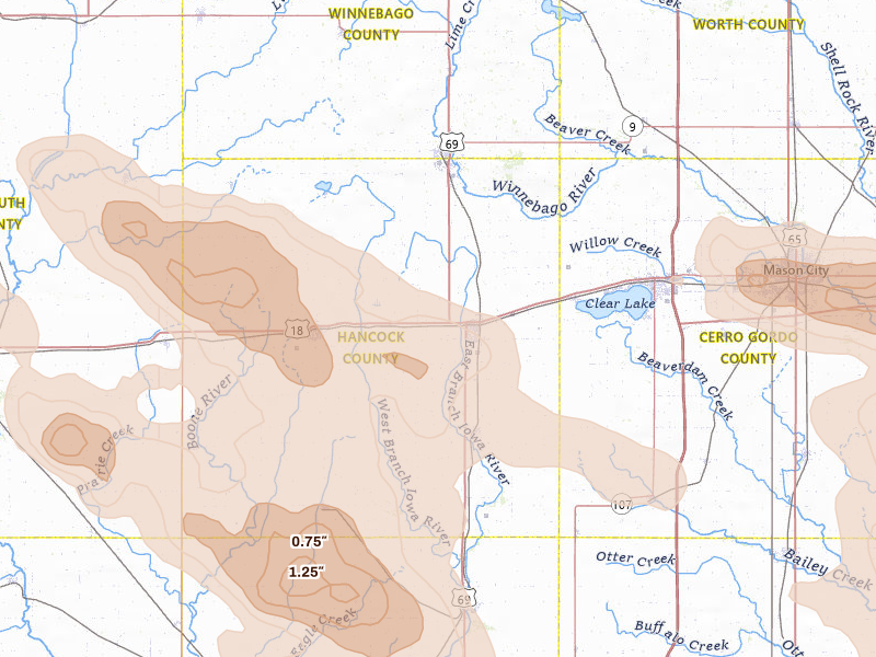Radar-estimated hail-size map of the storm over Garner, IA on Jul 20, 2026