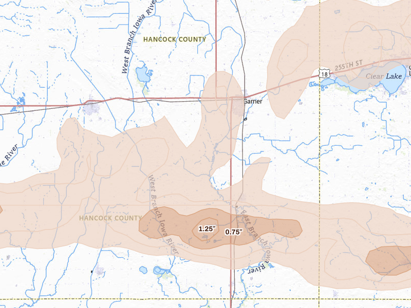 Radar-estimated hail-size map of the storm over Garner, IA on Aug 7, 2026