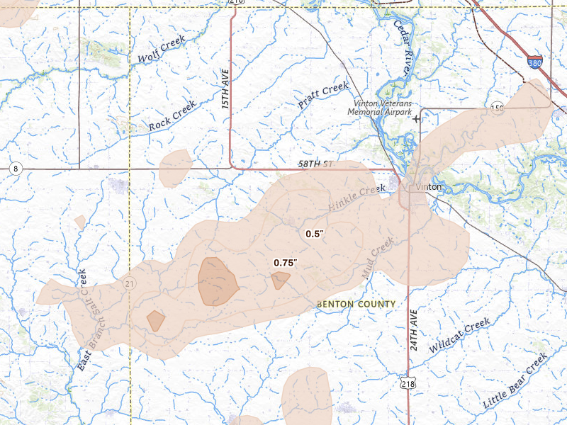 Radar-estimated hail-size map of the storm over Garrison, IA on Apr 15, 2026