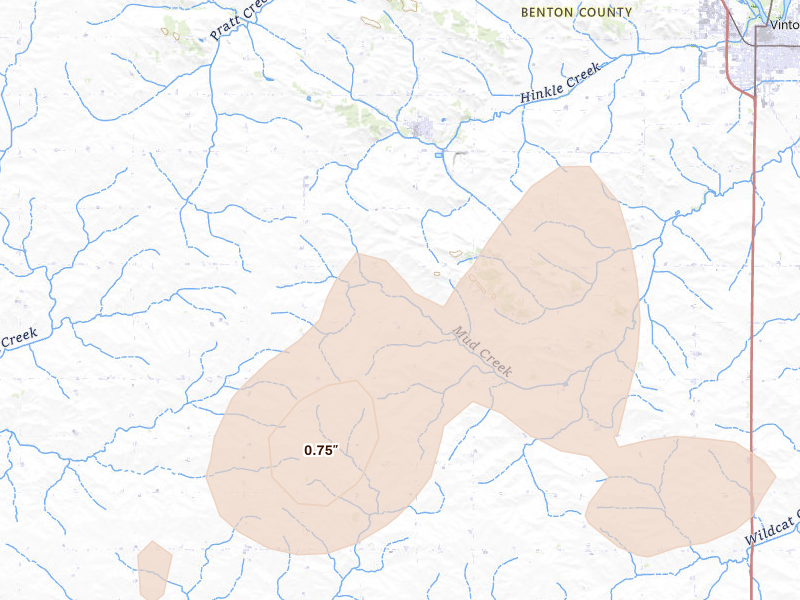 Radar-estimated hail-size map of the storm over Garrison, IA on Apr 17, 2026