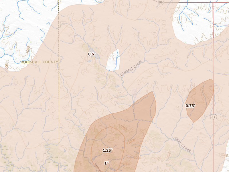 Radar-estimated hail-size map of the storm over Garwin, IA on Apr 17, 2026