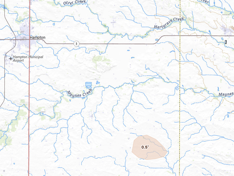 Radar-estimated hail-size map of the storm over Geneva, IA on Jul 4, 2026