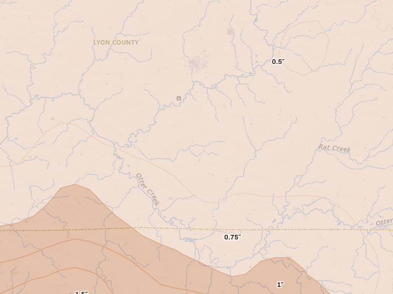 Radar-estimated hail-size map of the storm over George, IA on Jun 27, 2026