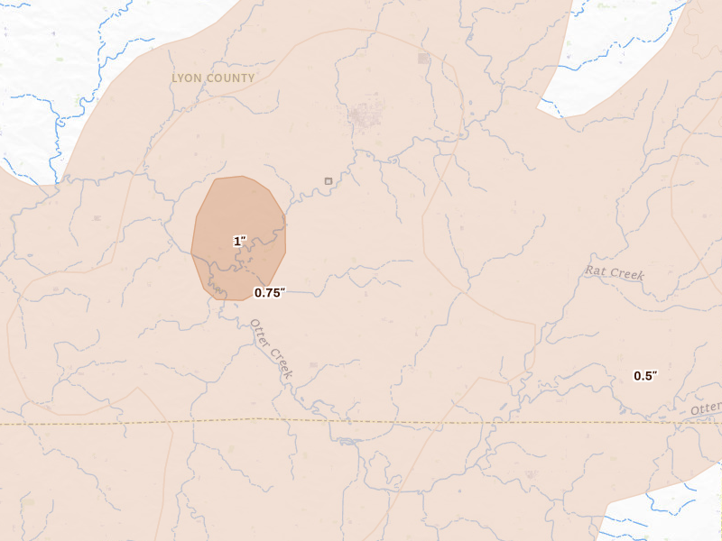Radar-estimated hail-size map of the storm over George, IA on Jun 29, 2026