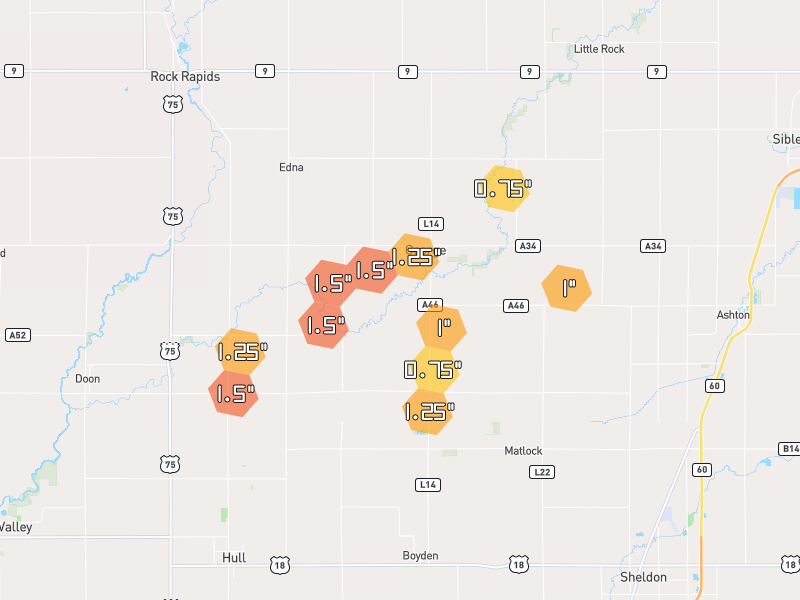 Hail map of George, IA on Jun 30, 2026, hail up to 1.5"