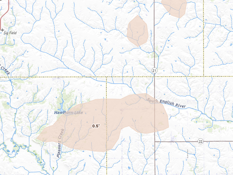 Radar-estimated hail-size map of the storm over Gibson, IA on Aug 10, 2026