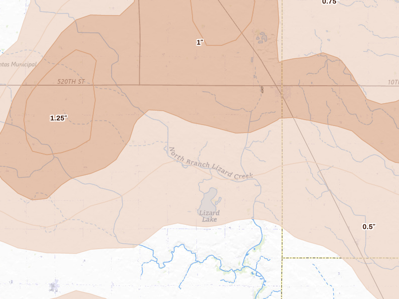Radar-estimated hail-size map of the storm over Gilmore City, IA on May 15, 2026
